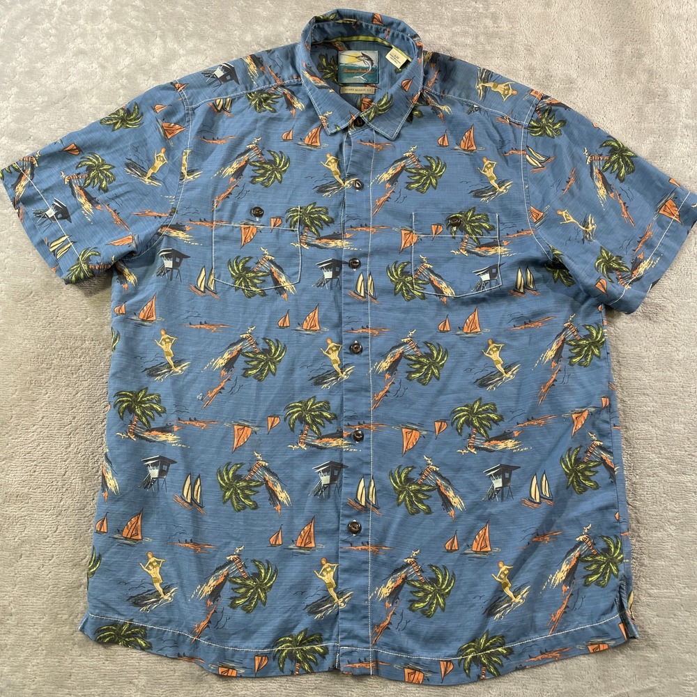 Tommy Bahama Silk Shirt Men Large Blue Tropical Surfer Girl Island Modern Resort